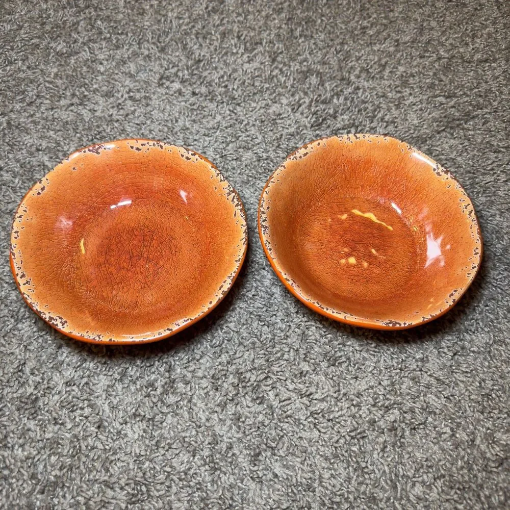 Pier 1 Imports Carmelo Melamine Orange Bowls Plates LOT of 4 Coastal Crackle Set